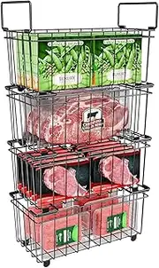 Shengsenfu 4-Pack Freezer Organizer Bins with Foldable Handles Stackable Metal Deep Freezer Baskets for Frozen Meats&Food Maximize Space in Chest Freezers Pantry or Kitchen Storage Bathroom Countertop