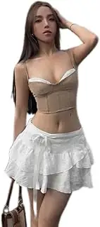 [Generic] Women's Layered Ruffle Hem Knot Side High Waist Skirts Casual Solid Flowy Mini Skirts