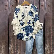 Women's T Shirt Tee Top Floral Graphic Fashion Modern Half Sleeve V Neck Regular Tops Daily Going out Ruffle Print Royal Blue Blue Dusty Blue Summer Spring