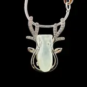 Certified Grade A Burma Jadeite Necklace, Silver Plated Deer Pendant