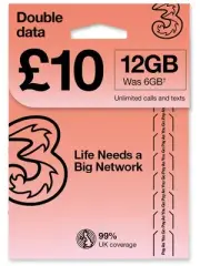 PrePaid Europe (UK THREE) sim card 12GB data+3000 minutes+3000 texts for 30 d...