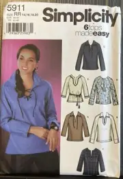 Simplicity Sewing Pattern 5911 Tops 6 Easy Styles Sz 14,16,18,20 Factory Folded