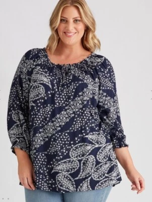 Autograph Peasant Top Tunic Shirt Plus Size 24 NEW Navy White Viscose 3/4 Sleeve