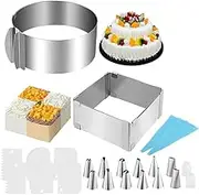 2 Pack Adjustable Cake Mold Ring 6-12 Inch Mousse Ring Stainless Steel Cake Mold Set 2-Piece Baking Tool (Square+Round)