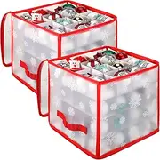 Saintrygo 2 Pcs Christmas Ornament Storage Box Christmas Storage Containers with 64 Compartment Zippered Bauble Ornament Storage Box Vinyl Plastic Ornament Box with Handles, 12 Inch (Snowflake Style)