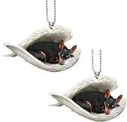 2Pcs Duck Hunting Ornaments - Sleeping Dog Pendants - Miniature Pinscher Sleeping in Angel Wings, Funny Duck Hunting 2D Flat Acrylic Car Rear View Mirrors Christmas Tree Charm Hanging Ornaments Decor