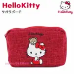 ASDFKITTY可愛家☆KITTY X MANUFATTO紅色泰迪熊刺繡帆布方型收納包/手拿包-日本正版商品