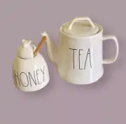 NEW Rae Dunn Tea Pot & Honeypot Set w/ Wooden Dipper White Ceramic