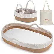 Baby Changing Basket, Moses Basket, Foam Basket Pad, 2 Washable Waterproof Pad Covers, Matching Diaper Caddy, Cloth Tote Bag for Traveling, Portable Changing Pad