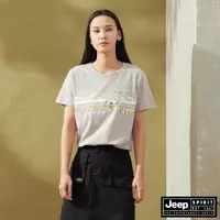 在飛比找momo購物網優惠-【JEEP】女裝 舒適休閒吉普車圖騰短袖T恤(淺卡其)