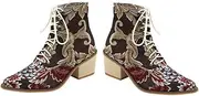 [MOBUTOFU] Ethnic Style Short Boots Lace-up Ankle Boots for Women Pointy Toe Winter Fashion Retro National Design Comfortable Durable