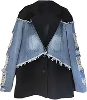 [Bciopll] Women's Blazer Contrasting Patchwork Denim Jacket Loose Shawl Collar Long Sleeve Suit Coat