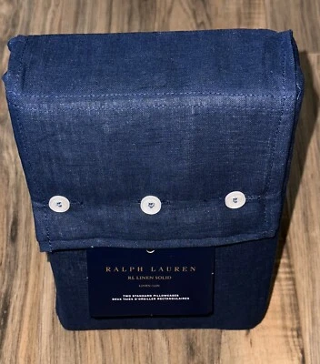 (2) Ralph Lauren RL Linen Solid Polo Blue Standard Queen Pillowcases $185