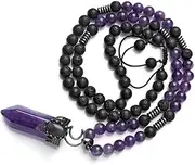 [YCYUYK] Amethyst Lava Stone Anxiety Mala Prayer Beads Yoga Meditation Long Necklace Purple Crystal