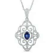Oval Lab-Created Blue Sapphire and Diamond Accent Antique Vintage-Style Scroll Pendant in Sterling Silver