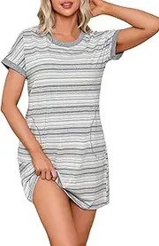 [EvolSer] Nightdress Women's Short Sleeve Striped Loungewear Cotton Sleepwear Short Night Dress Sleep Shirt for Women