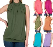 Women's Scrunched Mock Turtle High Neck Pleated Sleeveless Top Tunic Long Tank