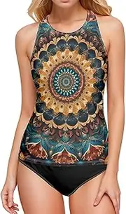 [AIXIWAWA] Women's Tankini Tops-Floral Mandala, Swimsuit Top for Beach Pool Vacation S