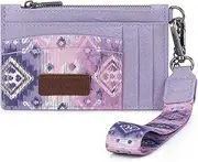 [Montana West] X Wrangler RFID Card Holder Slim Credit Card Wallet Womens Keychain Wallet with Wristlet Strap, Western Aztec-Purple