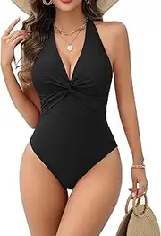 [AI'MAGE] Women's One Piece Swimsuits V Neck Tummy Control High Waisted Bathing Suit Halter Top Swimwear
