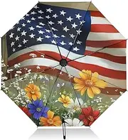 [PDZRMY] UV Protection Travel Umbrella American Flag Flowers Compact for Rain and Sun - Auto Open and Close UPF 50+ Windproof Portable 46” Sun Umbrella for Women and Men