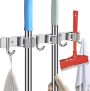 Wall Mount Broom Mop Holder with 3 Racks and 4 Hanger Hooks