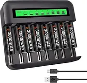CITYORK AA AAA C D Charger with 8 Pieces 3000 mAh Rechargeable AA Batteries, High Performance Battery and Charger Set (Appearance May Vary)