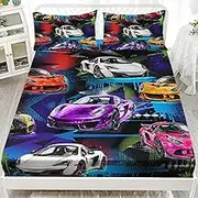 AILONEN Racing Car Fitted Sheet for Kids Boys Teens Queen Size, Extreme Sports Bedding Sets,Cool Speed Race Bed Sheet Set,Colorful Car Theme BedSheets Set,1 Fitted Sheet 2 Pillowcases,3 PCS