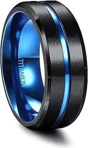 [FIOROYAL] G23 Titanium Ring for Men 8MM Black Ring with Blue Centre Groove Engagement Rings Wedding Promise Ring Mens Rings Size O-Z1/2