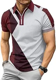 [VgueElegc] Men Athletic Lapel Tee Tops Color Block Slim Fit Golf Shirts Casual Collar Zipper Short Sleeve Shirt, Red, XXL
