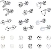 [Funseedrr] 12 Pairs Tragus Helix Earrings Bars Surgical Steel 16G 6mm Cartilage Studs Ear Piercing Jewellery with Replacement Balls