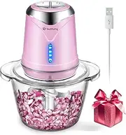 Food Processor 6000mAh Mini Chopper with 1.2L Glass Bowl, USB Rechargeable Small Chopper, Electric Meat Blender Grinder Mixer with 4 Blades & 2 Speed for Baby Food, Puree, Garlic, Vegetable (Pink)