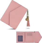 [FuninCrea] Ladies Purse Leather Purses for Women Girl, 6 Card Slots Womens Wallet Slim Womens Purse ID Window Ladies Wallet Bifold Women's Purse with Tassel and Heart-Shaped Pendant, Pink,