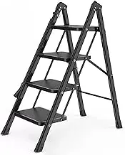 2/3/4/5 Step Ladder, Aluminum Folding Step Stool with Convenient Retractable Handgrip, Lightweight Step Ladder with Anti-Slip Sturdy Pedal for Home, Kitchen and Office,330 Lbs Capacity(Black,4 Step)