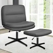 [ALFORDSON] Criss Cross Desk Chair with Ottoman Stool Pax Series, Cross Leg Office Chair with Mid-Back, Tilt, Height Adjust and Swivel, Armless Ergonomic Gaming Chair, 180kg Capacity, Fabric Dark Grey