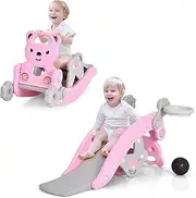 HONEY JOY 4-in-1 Kids Rocking Horse, Portable Toddler Ride On Rocking Toy with Slide, Basketball Hoop & Ring-Toss Game, Foldable Toddler Playground Slide Climber for Boys and Girls (Pink Bear)