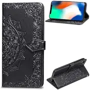 SATURCASE Case for Apple iPhone X/XS, Mandala Embossing PU Leather Flip Magnet Wallet Stand Card Slots Protective Cover with Hand Strap for Apple iPhone X/XS (Black)