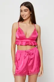 Pink Bralette Pyjamas Set Satin - Size M, Women's Bra And Bralette