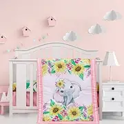 Cloele Crib Bedding Set for Baby Girls - 3 Piece Elephant Baby Bedding Set includes Pink Crib Skirt Crib Quilt Fitted Sheet - Sunflower Soft Nursery Comforter Bedding Set for Girls