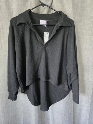 Out From Under Urban Outfitters Black Waffle Knit High Low Long Slv Collared Top