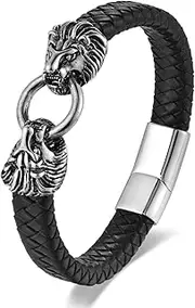 [BIYONGDE] Mens Stainless Steel Vintage Dragon Head/Skull Charm Black Braided Leather Bangle Bracelet, Biker Punk Rock, Spring Ring Hook Clasp, One Size, Leather, no gemstone