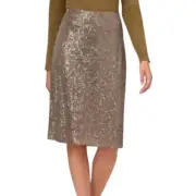 ADRIANA PAPELL NWT $138 Sequined Pull on Knee Length Skirt Gold Size L