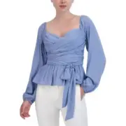 BCBGMAXAZRIA Blouse Women's XXS Light Blue Jacquard Ruched Balloon-Sleeve Top