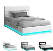 ALFORDSON Bed Frame King Single Size with LED Light & Gas Lift Storage Base, Bed Platform Foundation with PU Leather Upholstered Tufted Headboard for Mattress Topper, Max 200kg, Bertold White