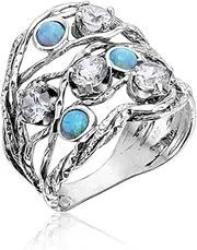 [JEAN RACHEL JEWELRY] 925 Sterling Silver Ring With 3 Blue Round Opal and 4 White Round Cubic Zirconia, Boho Chic Vintage Look, Hypoallergenic, Nickel and Lead-free, Artisan Handcrafted Designer collection, Made In Israel