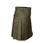 Men's Olive Green Cotton Scottish Fashion Utility Kilt with Adjustable Strap.
