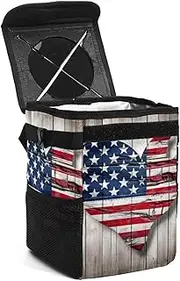 Car Trash Can with Lid,Bag Hanging Storage Pockets Leak-Proof,Portable Garbage Bin,American Flag Map Wooden Heart