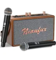 Retro Live Karaoke Machine 2 Wireless Microphones Portable BT Speaker Brown