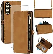 Asuwish Mobile Phone Case for Samsung Galaxy S24 5G Case with Strap and Film Screen Protector RFID Card Slot Foldable Leather Flowers Wallet Stand S 24 24S S24 Mobile Phone Case Brown