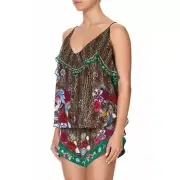 $449 CAMILLA WOMEN'S 100% SILK TOP/SHIRT W/NECKLINE FRILL JEWEL OF JUPITER L